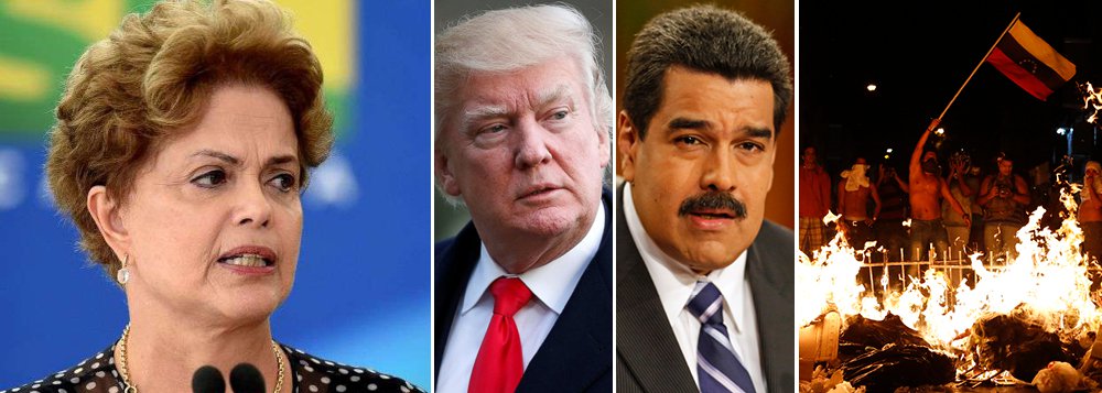 “Eu acredito que a visão que se divulga no Ocidente a respeito da Venezuela é irresponsável. Acho um absurdo o tratamento da imprensa internacional à Venezuela. Vão criar, aqui na América Latina, depois de 140 anos de paz, um grande conflito armado, assim como fizeram no Iraque e no Afeganistão”, disse a presidente deposta Dilma Rousseff, em sua entrevista à BBC; dias atrás, o presidente dos Estados Unidos, Donald Trump, ameaçou intervir militarmente para derrubar o governo de Nicolás Maduro; Venezuela, que tem as maiores reservas de petróleo do mundo, tenta resistir; no Brasil, que tem o pré-sal, golpe parlamentar subordinou o País aos interesses norte-americanos (Foto: Leonardo Attuch) “Eu acredito que a visão que se divulga no Ocidente a respeito da Venezuela é irresponsável. Acho um absurdo o tratamento da imprensa internacional à Venezuela. Vão criar, aqui na América Latina, depois de 140 anos de paz, um grande conflito armado, assim como fizeram no Iraque e no Afeganistão”, disse a presidente deposta Dilma Rousseff, em sua entrevista à BBC; dias atrás, o presidente dos Estados Unidos, Donald Trump, ameaçou intervir militarmente para derrubar o governo de Nicolás Maduro; Venezuela, que tem as maiores reservas de petróleo do mundo, tenta resistir; no Brasil, que tem o pré-sal, golpe parlamentar subordinou o País aos interesses norte-americanos