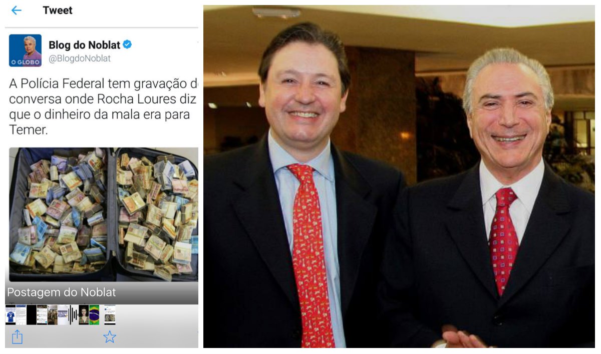 Informação postada pelo jornalista Ricardo Noblat neste sábado torna ainda mais vergonhosa a permanência de Michel Temer no poder; segundo ele, em grampos interceptados pela Polícia Federal, Rodrigo Rocha Loures, o homem da mala preso neste sábado, depois de ter recebido R$ 500 mil em propinas da JBS, diz que o dinheiro é de Temer – confirmando o que já foi dito por Ricardo Saud, delator da empresa de alimentos; em entrevista, no entanto, Temer sinaliza que só sairá arrancado da presidência da República; pesquisas apontam que ele é rejeitado por mais de 90% dos brasileiros, mas fará de tudo para continua no poder conquistado por meio de um golpe parlamentar, que arruinou a economia e a imagem do Brasil, visto no mundo como a mais bananeira de todas repúblicas bananeiras que já existiram (Foto: Leonardo Attuch) Informação postada pelo jornalista Ricardo Noblat neste sábado torna ainda mais vergonhosa a permanência de Michel Temer no poder; segundo ele, em grampos interceptados pela Polícia Federal, Rodrigo Rocha Loures, o homem da mala preso neste sábado, depois de ter recebido R$ 500 mil em propinas da JBS, diz que o dinheiro é de Temer – confirmando o que já foi dito por Ricardo Saud, delator da empresa de alimentos; em entrevista, no entanto, Temer sinaliza que só sairá arrancado da presidência da República; pesquisas apontam que ele é rejeitado por mais de 90% dos brasileiros, mas fará de tudo para continua no poder conquistado por meio de um golpe parlamentar, que arruinou a economia e a imagem do Brasil, visto no mundo como a mais bananeira de todas repúblicas bananeiras que já existiram