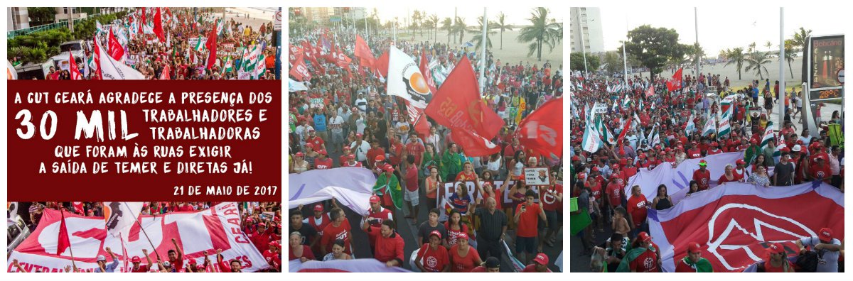 30 mil pessoas ocuparam no final da tarde deste domingo a orla de Fortaleza pedindo a saída de Michel Temer e a volta da democracia, com a realização de eleições diretas. A CUT, uma das organizadoras da manifestação, comemorou a adesão da população. O ato foi promovido pelas principais centrais sindicas e pelas Frentes Brasil Popular e Povo Sem Medo e pelos partidos de oposição, se somando às manifestações que aconteceram por todo o Brasil
(Foto: Fatima 247) 30 mil pessoas ocuparam no final da tarde deste domingo a orla de Fortaleza pedindo a saída de Michel Temer e a volta da democracia, com a realização de eleições diretas. A CUT, uma das organizadoras da manifestação, comemorou a adesão da população. O ato foi promovido pelas principais centrais sindicas e pelas Frentes Brasil Popular e Povo Sem Medo e pelos partidos de oposição, se somando às manifestações que aconteceram por todo o Brasil