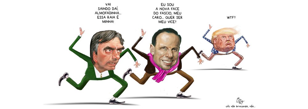O chargista Renato Aroeira, um dos principais nomes do cartunismo nacional, resumiu numa imagem genial a disputa entre Jair Bolsonaro e João Doria pelo campeonato nacional da estupidez; os dois tentam surfar no discurso da intolerância contra minorias e do ódio ao ex-presidente Lula, que vem sendo acolhido de braços abertos pelo povo brasileiro; enquanto Bolsonaro dá um chega-pra-lá em Doria, alegando que a raia do fascismo já tem dono, Donald Trump questiona seus aprendizes: what the fuck, ou seja, que porra é essa? (Foto: Leonardo Attuch) O chargista Renato Aroeira, um dos principais nomes do cartunismo nacional, resumiu numa imagem genial a disputa entre Jair Bolsonaro e João Doria pelo campeonato nacional da estupidez; os dois tentam surfar no discurso da intolerância contra minorias e do ódio ao ex-presidente Lula, que vem sendo acolhido de braços abertos pelo povo brasileiro; enquanto Bolsonaro dá um chega-pra-lá em Doria, alegando que a raia do fascismo já tem dono, Donald Trump questiona seus aprendizes: what the fuck, ou seja, que porra é essa?