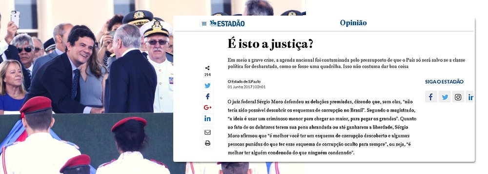 "As delações se tornaram instrumentos eminentemente políticos. Na patética articulação em curso para encontrar um 'substituto' para Temer caso o presidente caia, a primeira qualificação exigida é que o nome do candidato não tenha sido sussurrado por nenhum delator. Só então será considerada sua capacidade de governar o País. Essa é a prova de que a agenda nacional, em meio a uma das mais graves crises da história, foi definitivamente contaminada pelo pressuposto de que o Brasil só será salvo se a classe política for desbaratada, como se fosse uma quadrilha. Isso não costuma dar boa coisa", diz editorial do jornal Estado de S. Paulo desta quinta-feira, que ataca a Lava Jato para tentar salvar Michel Temer (Foto: Leonardo Attuch) "As delações se tornaram instrumentos eminentemente políticos. Na patética articulação em curso para encontrar um 'substituto' para Temer caso o presidente caia, a primeira qualificação exigida é que o nome do candidato não tenha sido sussurrado por nenhum delator. Só então será considerada sua capacidade de governar o País. Essa é a prova de que a agenda nacional, em meio a uma das mais graves crises da história, foi definitivamente contaminada pelo pressuposto de que o Brasil só será salvo se a classe política for desbaratada, como se fosse uma quadrilha. Isso não costuma dar boa coisa", diz editorial do jornal Estado de S. Paulo desta quinta-feira, que ataca a Lava Jato para tentar salvar Michel Temer