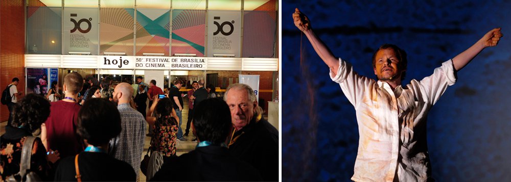 O FORA TEMER não ecoou só no Rock in Rio. Na noite inaugural do Festival de Brasília do Cinema Brasileiro, o ator Matheus Nachtergaele, depois de arrepiante performance – evocando os candangos (trabalhadores que construíram e povoaram Brasília, e a terra vermelha do cerrado para lembrar os 50 anos de história do mais antigo festival do país) – gritou FORA TEMER e foi acompanhado por coro poderoso (Foto: Leonardo Attuch) O FORA TEMER não ecoou só no Rock in Rio. Na noite inaugural do Festival de Brasília do Cinema Brasileiro, o ator Matheus Nachtergaele, depois de arrepiante performance – evocando os candangos (trabalhadores que construíram e povoaram Brasília, e a terra vermelha do cerrado para lembrar os 50 anos de história do mais antigo festival do país) – gritou FORA TEMER e foi acompanhado por coro poderoso