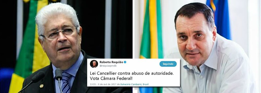 O senador Roberto Requião (PMDB-PR), em homenagem póstuma, batizou com o nome do reitor Luiz Carlos Cancellier a lei que pune o abuso de autoridade. Requião disse ainda que saudou o início e resultados da lava jato com entusiasmo, mas disse não pode aceitar a seletividade e o arbítrio que tomou a força-tarefa em seguida. “Vejo com horror declaração pública de corporações a favor da estúpida repressão ao reitor Cancellier”, criticou o parlamentar ao referir-se à nota conjunta de procuradores defendendo a ação da PF. “Lei Cancellier contra abuso de autoridade. Vota Câmara Federal!”, pede o senador Roberto Requião, que relatou o projeto já aprovado pelo Senado (Foto: Leonardo Attuch) O senador Roberto Requião (PMDB-PR), em homenagem póstuma, batizou com o nome do reitor Luiz Carlos Cancellier a lei que pune o abuso de autoridade. Requião disse ainda que saudou o início e resultados da lava jato com entusiasmo, mas disse não pode aceitar a seletividade e o arbítrio que tomou a força-tarefa em seguida. “Vejo com horror declaração pública de corporações a favor da estúpida repressão ao reitor Cancellier”, criticou o parlamentar ao referir-se à nota conjunta de procuradores defendendo a ação da PF. “Lei Cancellier contra abuso de autoridade. Vota Câmara Federal!”, pede o senador Roberto Requião, que relatou o projeto já aprovado pelo Senado