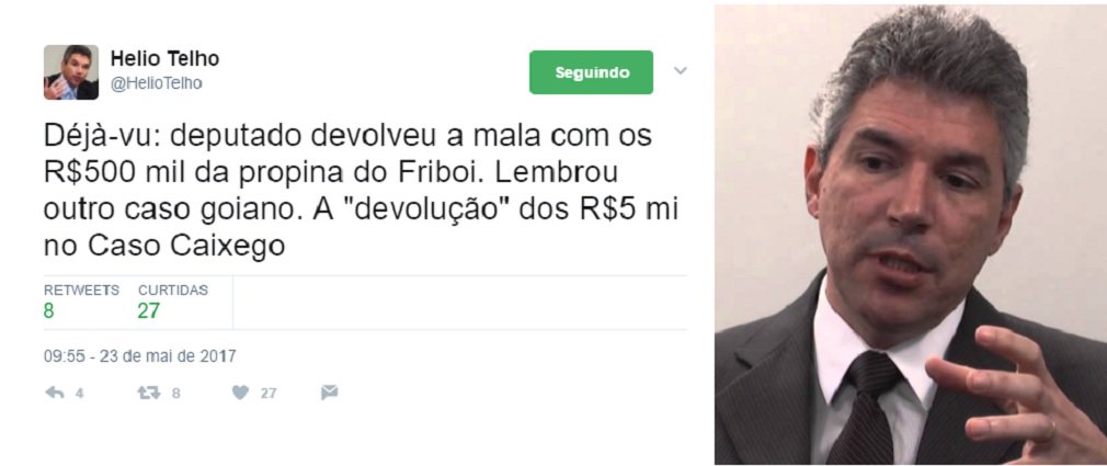 "Déjà-vu: deputado devolveu a mala com os R$500 mil da propina do Friboi. Lembrou outro caso goiano. A "devolução" dos R$5 mi no Caso Caixego", escreveu o procurador da República, que atua em Goiás, Helio Telho; no famoso caso Caixego, em 1998, Iris Rezende e seu irmão Otoniel Machado se tiveram os nomes envolvidos no saque R$ 10 milhões do banco que estava em processo de liquidação; o Ministério Público diz que metade do valor foi usado na campanha de Iris ao governo naquele ano; posteriormente R$ 5 milhões foram devolvidos, mas ficou provado que o dinheiro foi fruto de empréstimo no BNDES, por meio da empresa Allstom (Foto: José Barbacena) "Déjà-vu: deputado devolveu a mala com os R$500 mil da propina do Friboi. Lembrou outro caso goiano. A "devolução" dos R$5 mi no Caso Caixego", escreveu o procurador da República, que atua em Goiás, Helio Telho; no famoso caso Caixego, em 1998, Iris Rezende e seu irmão Otoniel Machado se tiveram os nomes envolvidos no saque R$ 10 milhões do banco que estava em processo de liquidação; o Ministério Público diz que metade do valor foi usado na campanha de Iris ao governo naquele ano; posteriormente R$ 5 milhões foram devolvidos, mas ficou provado que o dinheiro foi fruto de empréstimo no BNDES, por meio da empresa Allstom