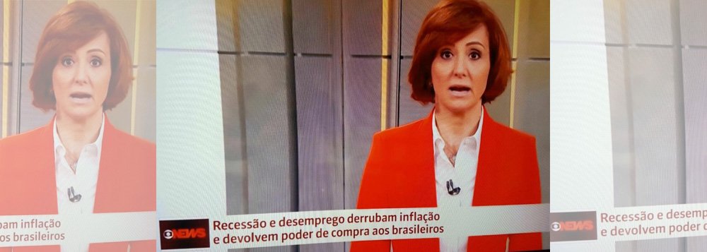 Também afetada pelo golpe que apoiou, já que perdeu receita em 2016, a Globo agora sofre para justificar o péssimo momento da economia nacional e os números cada vez mais assustadores do desemprego; na noite desta sexta-feira, enquanto a comentarista de economia e política da GloboNews, Thaís Herédia, discursava, o letreiro abaixo dizia: "Recessão e desemprego derrubam inflação e devolvem poder de compra aos brasileiros"; em 2016, a Globo perdeu receita - uma redução de 8% (Foto: José Barbacena) Também afetada pelo golpe que apoiou, já que perdeu receita em 2016, a Globo agora sofre para justificar o péssimo momento da economia nacional e os números cada vez mais assustadores do desemprego; na noite desta sexta-feira, enquanto a comentarista de economia e política da GloboNews, Thaís Herédia, discursava, o letreiro abaixo dizia: "Recessão e desemprego derrubam inflação e devolvem poder de compra aos brasileiros"; em 2016, a Globo perdeu receita - uma redução de 8%