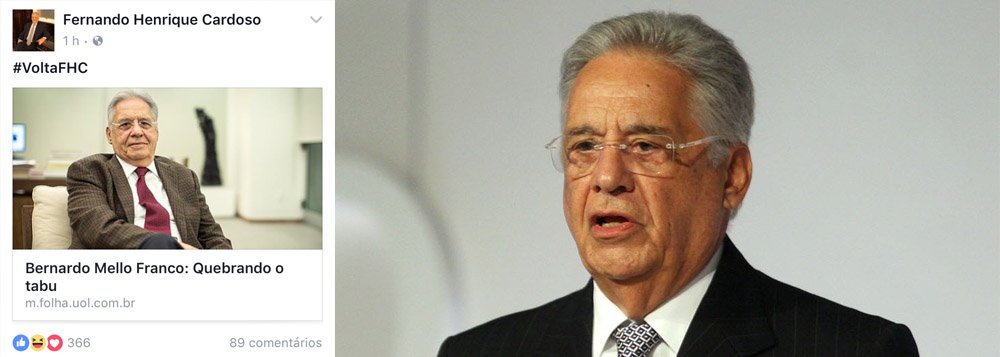 Post na página do ex-presidente Fernando Henrique Cardoso trazia a hashtag #voltafhc; registro foi feito pela coluna Painel; questionado, Xico Graziano, que cuida das redes sociais de FHC, excluiu o post e afirmou que foi um erro de sua equipe (Foto: Gisele Federicce) Post na página do ex-presidente Fernando Henrique Cardoso trazia a hashtag #voltafhc; registro foi feito pela coluna Painel; questionado, Xico Graziano, que cuida das redes sociais de FHC, excluiu o post e afirmou que foi um erro de sua equipe