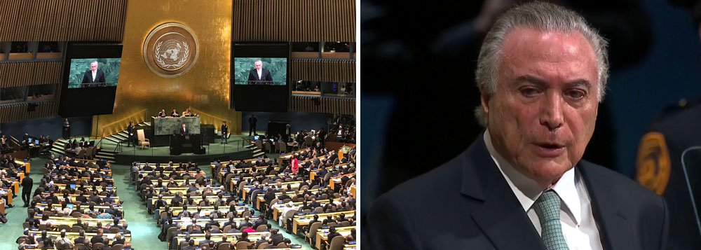 Depois de conquistar o poder por meio de um golpe parlamentar, Michel Temer diz na Assembleia Geral das Nações Unidas que "não há espaço fora da democracia", ao comentar a questão venezuelana; ele também falou sobre ajuste fiscal embora tenha produzido rombo anual de R$ 159 bilhões – numa meta que deve ser ampliada ainda mais; Temer, que está prestes a abrir o pré-sal, também prometeu um Brasil mais aberto ao mundo (Foto: José Barbacena) Depois de conquistar o poder por meio de um golpe parlamentar, Michel Temer diz na Assembleia Geral das Nações Unidas que "não há espaço fora da democracia", ao comentar a questão venezuelana; ele também falou sobre ajuste fiscal embora tenha produzido rombo anual de R$ 159 bilhões – numa meta que deve ser ampliada ainda mais; Temer, que está prestes a abrir o pré-sal, também prometeu um Brasil mais aberto ao mundo
