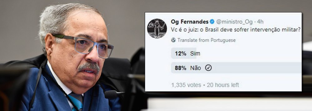 O ministro Og Fernandes, do Superior Tribunal de Justiça (STJ), causou polêmica ao fazer no fim da tarde desta quinta-feira, 28, uma enquete em sua conta no Twitter. "Vc é o juiz: o Brasil deve sofrer intervenção militar?", questionou o magistrado; em pouco mais de quatro horas, o tuíte superou mil e trezentos votos; quase 90% dos internautas votaram contra a intervenção militar; ao constatar a polêmica, Og Fernandes se defendeu das críticas e disse que segue a Constituição (Foto: Aquiles Lins) O ministro Og Fernandes, do Superior Tribunal de Justiça (STJ), causou polêmica ao fazer no fim da tarde desta quinta-feira, 28, uma enquete em sua conta no Twitter. "Vc é o juiz: o Brasil deve sofrer intervenção militar?", questionou o magistrado; em pouco mais de quatro horas, o tuíte superou mil e trezentos votos; quase 90% dos internautas votaram contra a intervenção militar; ao constatar a polêmica, Og Fernandes se defendeu das críticas e disse que segue a Constituição