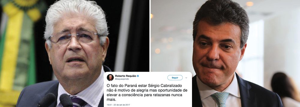 O senador Roberto Requião (PMDB-PR), pelo Twitter, disse neste sábado (23) que o Paraná está sendo "Sérgio Cabralizado" pelo governador Beto Richa (PSDB); "O fato do Paraná estar Sérgio Cabralizado não é motivo de alegria mas oportunidade de elevar a consciência para ratazanas nunca mais", disparou; Requião faz referência ao ex-governador Sérgio Cabral (PMDB), do Rio de Janeiro, preso desde novembro do ano passado, condenado a 45 anos, que responde pelos crimes de corrupção passiva, lavagem de ativos e organização criminosa (Foto: Aquiles Lins) O senador Roberto Requião (PMDB-PR), pelo Twitter, disse neste sábado (23) que o Paraná está sendo "Sérgio Cabralizado" pelo governador Beto Richa (PSDB); "O fato do Paraná estar Sérgio Cabralizado não é motivo de alegria mas oportunidade de elevar a consciência para ratazanas nunca mais", disparou; Requião faz referência ao ex-governador Sérgio Cabral (PMDB), do Rio de Janeiro, preso desde novembro do ano passado, condenado a 45 anos, que responde pelos crimes de corrupção passiva, lavagem de ativos e organização criminosa