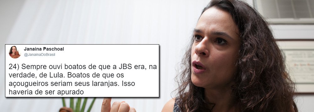A advogada Janaína Paschoal, coautora do pedido de impeachment contra Dilma Rousseff, foi alvo de piadas e ironias no Twitter nesta quarta-feira 21 depois de dizer que devem ser apurados "os boatos de que a JBS era, na verdade, de Lula" e "de que os açougueiros seriam seus laranjas"; segundo ela, o empresário Joesley Batista, o verdadeiro dono da empresa, "blinda" o ex-presidente; "O dono da JBS implicou todo mundo, menos Lula. Será que Lula tem uma grande empresa que não é dele?", questiona (Foto: Charles Nisz) A advogada Janaína Paschoal, coautora do pedido de impeachment contra Dilma Rousseff, foi alvo de piadas e ironias no Twitter nesta quarta-feira 21 depois de dizer que devem ser apurados "os boatos de que a JBS era, na verdade, de Lula" e "de que os açougueiros seriam seus laranjas"; segundo ela, o empresário Joesley Batista, o verdadeiro dono da empresa, "blinda" o ex-presidente; "O dono da JBS implicou todo mundo, menos Lula. Será que Lula tem uma grande empresa que não é dele?", questiona