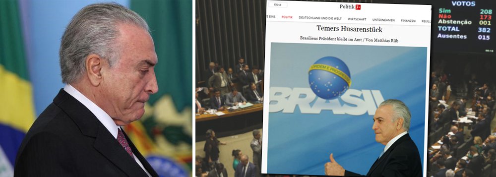 Jornal Frankfurter Allgemeine traz nesta sexta-feira, 4, reportagem em que explica que Michel Temer salvou sua pele na Câmara em um ritual com direito a socos e gritos e manteve o resultado dentro das expectativas; texto destaca a explícita compra de votos de deputados por meio de liberação de emendas parlamentares; "Isto não é ilegal, mas um componente central do sistema de jogo político parlamentar no Brasil - e não só lá", diz o texto, assinado pelo correspondente Matthias Rüb; em outro texto, o jornal fala que a continuidade de Temer significa que prossegue a mesma casta política envolvida em corrupção (Foto: Aquiles Lins) Jornal Frankfurter Allgemeine traz nesta sexta-feira, 4, reportagem em que explica que Michel Temer salvou sua pele na Câmara em um ritual com direito a socos e gritos e manteve o resultado dentro das expectativas; texto destaca a explícita compra de votos de deputados por meio de liberação de emendas parlamentares; "Isto não é ilegal, mas um componente central do sistema de jogo político parlamentar no Brasil - e não só lá", diz o texto, assinado pelo correspondente Matthias Rüb; em outro texto, o jornal fala que a continuidade de Temer significa que prossegue a mesma casta política envolvida em corrupção