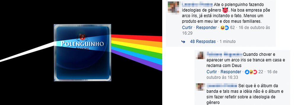 Nem uma capa de disco do Pink Floyd escapa à homofobia no Brasil: o Polenguinho fez uma brincadeira nas redes sociais com o prisma da capa do disco Dark Side of the Moon e os internautas acharam que era uma apologia ao arco-íris do movimento LGBT; “Até o polenguinho fazendo ideologias de gênero. Na boa empresa põe arco íris, já está incitando o fato", disse um usuário; a marca teve que explicar que era uma alusão ao disco e que tem respeito pela causa, a despeito dos internautas preconceituosos (Foto: Charles Nisz) Nem uma capa de disco do Pink Floyd escapa à homofobia no Brasil: o Polenguinho fez uma brincadeira nas redes sociais com o prisma da capa do disco Dark Side of the Moon e os internautas acharam que era uma apologia ao arco-íris do movimento LGBT; “Até o polenguinho fazendo ideologias de gênero. Na boa empresa põe arco íris, já está incitando o fato", disse um usuário; a marca teve que explicar que era uma alusão ao disco e que tem respeito pela causa, a despeito dos internautas preconceituosos