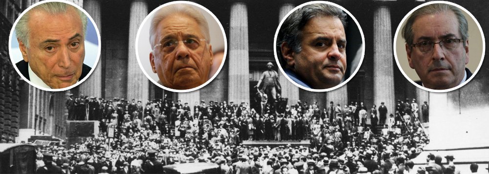 O golpe contra a democracia, liderado pela aliança entre Aécio Neves, Eduardo Cunha, Fernando Henrique Cardoso e Michel Temer, fez com que o Brasil tivesse a maior depressão econômica desde a quebra da bolsa de Nova York, em 1929; em 2016, a queda do PIB será de 3,6%, depois de um tombo de 3,8% em 2015; números só não são piores do que os da depressão de 1930 e 1931, que foram consequência do crash norte-americano; em 2015, o PIB desabou com a aliança pelo "quanto pior, melhor", entre peemedebistas e tucanos, que visava criar as condições para o golpe; em 2016, o País afundou ainda mais com a incapacidade de Michel Temer de governar; a autodestruição brasileira é um caso inédito no mundo, que já produziu 7 milhões de desempregados (Foto: Leonardo Attuch) O golpe contra a democracia, liderado pela aliança entre Aécio Neves, Eduardo Cunha, Fernando Henrique Cardoso e Michel Temer, fez com que o Brasil tivesse a maior depressão econômica desde a quebra da bolsa de Nova York, em 1929; em 2016, a queda do PIB será de 3,6%, depois de um tombo de 3,8% em 2015; números só não são piores do que os da depressão de 1930 e 1931, que foram consequência do crash norte-americano; em 2015, o PIB desabou com a aliança pelo "quanto pior, melhor", entre peemedebistas e tucanos, que visava criar as condições para o golpe; em 2016, o País afundou ainda mais com a incapacidade de Michel Temer de governar; a autodestruição brasileira é um caso inédito no mundo, que já produziu 7 milhões de desempregados
