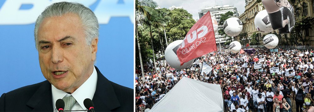 Rejeitado por mais de 70% dos brasileiros e sem reconhecer o fato de o Brasil ter amanhecido semiparalisado por conta da mobilização nacional contra os projetos de reformas da Previdência e Trabalhista de seu governo nesta quarta-feira 15, Michel Temer afirmou que a sociedade compreende a necessidade de apoiar as medidas econômicas em curso pelo seu governo; "A sociedade brasileira, pouco a pouco, vai entendendo que é preciso dar apoio a este caminho para colocar o país nos trilhos", afirmou; segundo ele, sua gestão está buscando "salvar a Previdência Social do colapso" (Foto: Paulo Emílio) Rejeitado por mais de 70% dos brasileiros e sem reconhecer o fato de o Brasil ter amanhecido semiparalisado por conta da mobilização nacional contra os projetos de reformas da Previdência e Trabalhista de seu governo nesta quarta-feira 15, Michel Temer afirmou que a sociedade compreende a necessidade de apoiar as medidas econômicas em curso pelo seu governo; "A sociedade brasileira, pouco a pouco, vai entendendo que é preciso dar apoio a este caminho para colocar o país nos trilhos", afirmou; segundo ele, sua gestão está buscando "salvar a Previdência Social do colapso"