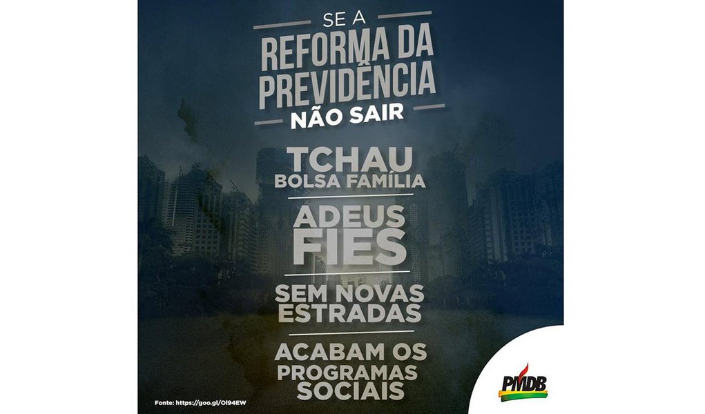 Depois de gerar polêmica nas redes sociais na semana passada, quando afirmou que “Se a reforma da Previdência não sair: tchau, Bolsa Família; adeus, Fies; sem novas estradas; acabam os programas sociais”, a campanha do PMDB para popularizar as mudanças na Previdência já preocupa o Planalto; tom da mensagem foi interpretado como ameaça; campanha tem o dedo do marqueteiro Lula Guimarães, que já trabalhou para o prefeito de São Paulo, João Dória (Foto: Giuliana Miranda) Depois de gerar polêmica nas redes sociais na semana passada, quando afirmou que “Se a reforma da Previdência não sair: tchau, Bolsa Família; adeus, Fies; sem novas estradas; acabam os programas sociais”, a campanha do PMDB para popularizar as mudanças na Previdência já preocupa o Planalto; tom da mensagem foi interpretado como ameaça; campanha tem o dedo do marqueteiro Lula Guimarães, que já trabalhou para o prefeito de São Paulo, João Dória