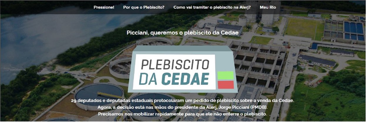 Após a aprovação da venda da Companhia Estadual de Águas e Esgotos (Cedae) na Assembleia Legislativa do Rio de Janeiro, a deputada Enfermeira Rejane (PCdoB), com o apoio de mais 28 deputados propôs a realização de um plebiscito para ouvir a população. Na internet, a organização Meu Rio promove campanha "Plebiscito da Cedae", para pressionar o presidente da Alerj, Jorge Picciani (PMDB), a colocar a proposta em discussão. No site da organização cerca 26.788 pessoas já aderiram à campanha, enviando e:mail para o presidente da Alerj, cobrando a realização do plebiscito
(Foto: Fatima 247) Após a aprovação da venda da Companhia Estadual de Águas e Esgotos (Cedae) na Assembleia Legislativa do Rio de Janeiro, a deputada Enfermeira Rejane (PCdoB), com o apoio de mais 28 deputados propôs a realização de um plebiscito para ouvir a população. Na internet, a organização Meu Rio promove campanha "Plebiscito da Cedae", para pressionar o presidente da Alerj, Jorge Picciani (PMDB), a colocar a proposta em discussão. No site da organização cerca 26.788 pessoas já aderiram à campanha, enviando e:mail para o presidente da Alerj, cobrando a realização do plebiscito