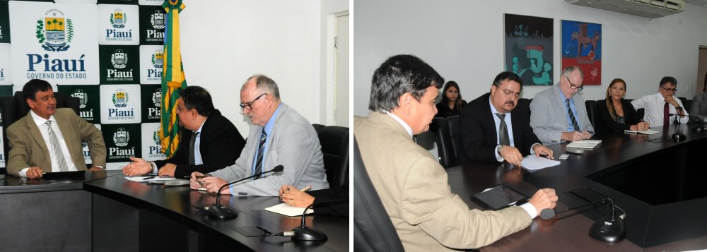 O governador Wellington Dias reuniu-se, no Palácio de Karnak, com consultores da empresa alemã Macs Energia e Água, Kássio Rodrigues e Wolfgang Schwaab, para tratar das condições de aprovação do financiamento junto ao banco alemão KFW para o projeto de universalização do abastecimento de água e esgoto em todo o Piauí; o governo estadual já possui uma parceria com a Macs e o KFW que é considerado caso de sucesso, desenvolvendo o Projeto de Saneamento Rural (Prosar) onde a própria comunidade é gestora e que agora busca o financiamento de 150 milhões de euros, junto com a iniciativa privada para que em 10 anos o Piauí possa universalizar o sistema de água e esgotamento (Foto: Leonardo Lucena) O governador Wellington Dias reuniu-se, no Palácio de Karnak, com consultores da empresa alemã Macs Energia e Água, Kássio Rodrigues e Wolfgang Schwaab, para tratar das condições de aprovação do financiamento junto ao banco alemão KFW para o projeto de universalização do abastecimento de água e esgoto em todo o Piauí; o governo estadual já possui uma parceria com a Macs e o KFW que é considerado caso de sucesso, desenvolvendo o Projeto de Saneamento Rural (Prosar) onde a própria comunidade é gestora e que agora busca o financiamento de 150 milhões de euros, junto com a iniciativa privada para que em 10 anos o Piauí possa universalizar o sistema de água e esgotamento