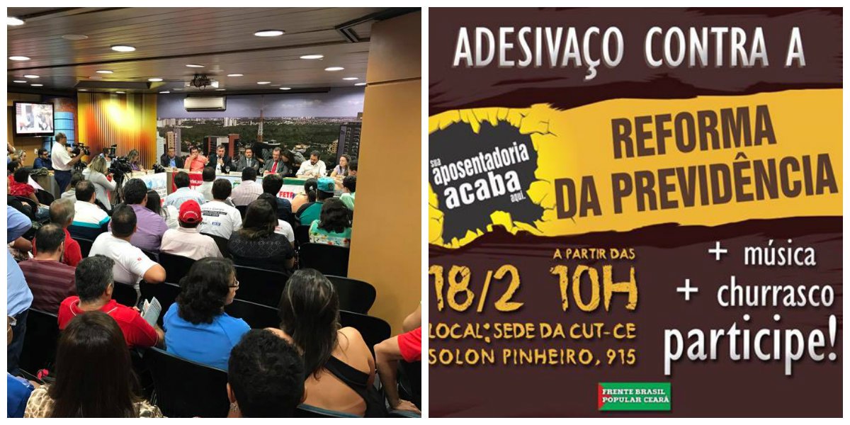 Os movimentos sociais de Fortaleza, através da Frente Brasil Popular do Ceará e da Frente Povo Sem Medo mobilizam forças para enfrentar o projeto de reforma da previdência do Governo de Michel Temer, que retira direitos dos trabalhadores. Ontem (16) foi realizado uma audiência pública na Assembleia Legislativa, com a participação do ex-ministro do Desenvolvimento Social, Carlos Gabas . Amanhã (18), haverá um "adesivaço", a partir das 10 horas, em frente a sede da CUT, para distribuição de material denunciando os prejuízos que a reforma da previdência traz para a população (Foto: Fatima 247) Os movimentos sociais de Fortaleza, através da Frente Brasil Popular do Ceará e da Frente Povo Sem Medo mobilizam forças para enfrentar o projeto de reforma da previdência do Governo de Michel Temer, que retira direitos dos trabalhadores. Ontem (16) foi realizado uma audiência pública na Assembleia Legislativa, com a participação do ex-ministro do Desenvolvimento Social, Carlos Gabas . Amanhã (18), haverá um "adesivaço", a partir das 10 horas, em frente a sede da CUT, para distribuição de material denunciando os prejuízos que a reforma da previdência traz para a população
