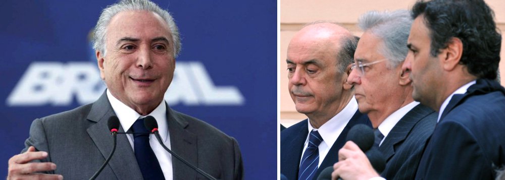 "Temer foi reduzido a um mero despachante do PSDB. O PSDB governa, mas não assume. Dentro do governo, Temer é um sucesso. Ele faz tudo direitinho, cumpre a agenda do programa do PSDB, recebe comandos de Aécio Neves, José Serra e Fernando Henrique Cardoso", diz o colunista do 247 Laurez Cerqueira; "Fora do governo ele afunda na opinião pública, enredado no desmonte das investigações, no desastre econômico, na subtração de direitos e entrega do patrimônio público", afirma; "Para o PSDB, que apareceu em situação deplorável nas últimas pesquisas, é o melhor dos mundos. Governar na sombra, com um despachante que faz tudo que o partido quer e ainda ganha de cortesia a narrativa NOVELIZADA da imprensa dos barões da mídia" (Foto: Laurez Cerqueira) "Temer foi reduzido a um mero despachante do PSDB. O PSDB governa, mas não assume. Dentro do governo, Temer é um sucesso. Ele faz tudo direitinho, cumpre a agenda do programa do PSDB, recebe comandos de Aécio Neves, José Serra e Fernando Henrique Cardoso", diz o colunista do 247 Laurez Cerqueira; "Fora do governo ele afunda na opinião pública, enredado no desmonte das investigações, no desastre econômico, na subtração de direitos e entrega do patrimônio público", afirma; "Para o PSDB, que apareceu em situação deplorável nas últimas pesquisas, é o melhor dos mundos. Governar na sombra, com um despachante que faz tudo que o partido quer e ainda ganha de cortesia a narrativa NOVELIZADA da imprensa dos barões da mídia"