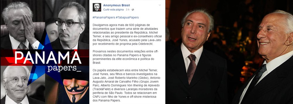 Movimento publica no Facebook "mais de 600 páginas de documentos que trazem uma série de atividades relacionadas ao presidente da República, Michel Temer, e seu amigo pessoal e ex-conselheiro oficial da República, José Yunes", além de elos com "José Roberto Marinho (Globo), Antonio Augusto Amaral de Carvalho Filho (Grupo Jovem Pan), Alberto Domingues Von Ilhering de Azevedo (Track&Field) e diversos Laranjas moradores da periferia de São Paulo"; o grupo promete publicar em breve um vídeo explicando todo o esquema (Foto: Gisele Federicce) Movimento publica no Facebook "mais de 600 páginas de documentos que trazem uma série de atividades relacionadas ao presidente da República, Michel Temer, e seu amigo pessoal e ex-conselheiro oficial da República, José Yunes", além de elos com "José Roberto Marinho (Globo), Antonio Augusto Amaral de Carvalho Filho (Grupo Jovem Pan), Alberto Domingues Von Ilhering de Azevedo (Track&Field) e diversos Laranjas moradores da periferia de São Paulo"; o grupo promete publicar em breve um vídeo explicando todo o esquema