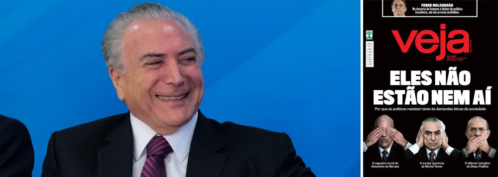 Um dos meios de comunicação que apoiaram o golpe contra a democracia brasileira, processo responsável por instalar Michel Temer no poder e arruinar a economia, a revista Veja começa a desembarcar; neste fim de semana, em sua capa, a publicação dos Civita compara Temer, Alexandre de Moraes e Eliseu Padilha aos três macaquinhos cego, surdo e mudo diante da corrupção e dos anseios éticos da população brasileira; como diz Veja, "eles não estão nem ái" nem para as aparências; o desembarque de Veja tem também outro motivo: como Temer é reprovado por 66,6% dos brasileiros, ele tem derrubado todos que se associaram a seu fiasco, como é o caso dos candidatos do PSDB à presidência da República; portanto, para se salvar e ter chances em 2018, a direita brasileira terá antes de abandonar Temer (Foto: Ana Pupulin) Um dos meios de comunicação que apoiaram o golpe contra a democracia brasileira, processo responsável por instalar Michel Temer no poder e arruinar a economia, a revista Veja começa a desembarcar; neste fim de semana, em sua capa, a publicação dos Civita compara Temer, Alexandre de Moraes e Eliseu Padilha aos três macaquinhos cego, surdo e mudo diante da corrupção e dos anseios éticos da população brasileira; como diz Veja, "eles não estão nem ái" nem para as aparências; o desembarque de Veja tem também outro motivo: como Temer é reprovado por 66,6% dos brasileiros, ele tem derrubado todos que se associaram a seu fiasco, como é o caso dos candidatos do PSDB à presidência da República; portanto, para se salvar e ter chances em 2018, a direita brasileira terá antes de abandonar Temer