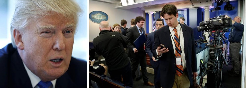 Em sua postura mais radical contra a imprensa dos Estados Unidos, Donald Trump impediu nesta sexta-feira 24 que jornalistas de vários veículos de imprensa credenciados pela Casa Branca, como do "New York Times", "Los Angeles Times", CNN, BBC e os site "Politico", "The Hill" e "BuzzFeed" participassem da coletiva do secretário de imprensa do governo; outros veículos que não haviam sido banidos fizeram boicote contra as ações da Casa Branca e decidiram não participar (Foto: Gisele Federicce) Em sua postura mais radical contra a imprensa dos Estados Unidos, Donald Trump impediu nesta sexta-feira 24 que jornalistas de vários veículos de imprensa credenciados pela Casa Branca, como do "New York Times", "Los Angeles Times", CNN, BBC e os site "Politico", "The Hill" e "BuzzFeed" participassem da coletiva do secretário de imprensa do governo; outros veículos que não haviam sido banidos fizeram boicote contra as ações da Casa Branca e decidiram não participar