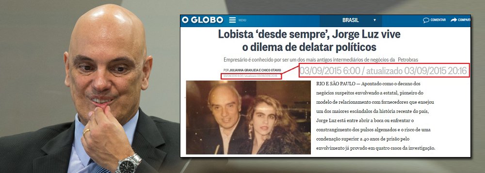"Menos de 24 horas depois da aprovação do nome de Alexandre de Moraes no Senado, com o voto dos senadores implicados nas investigações da Lava Jato, estourou o escândalo de Jorge Luz, o pagador de propinas dos senadores do PMDB, inclusive de uma alegada 'bolada' de US$ 6 milhões a Renan Calheiros. Será que 'descobriram' o Luz agora?", questiona o jornalista Fernando Brito, do Tijolaço (Foto: Gisele Federicce) "Menos de 24 horas depois da aprovação do nome de Alexandre de Moraes no Senado, com o voto dos senadores implicados nas investigações da Lava Jato, estourou o escândalo de Jorge Luz, o pagador de propinas dos senadores do PMDB, inclusive de uma alegada 'bolada' de US$ 6 milhões a Renan Calheiros. Será que 'descobriram' o Luz agora?", questiona o jornalista Fernando Brito, do Tijolaço