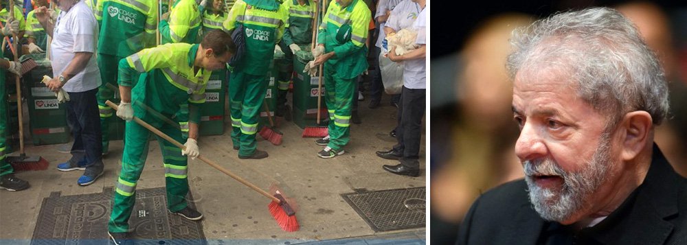 Um dia depois de uma reportagem que apontou queda na varrição em São Paulo, o prefeito João Doria voltou a se vestir de gari e, novamente, atacou o ex-presidente Lula; "Estou fazendo o que o Lula nunca fez, trabalhar", afirmou; Doria bate em Lula porque sonha em disputar a presidência em 2018, caso Aécio Neves, Geraldo Alckmin e José Serra sejam abatidos pela Lava Jato (Foto: Gisele Federicce) Um dia depois de uma reportagem que apontou queda na varrição em São Paulo, o prefeito João Doria voltou a se vestir de gari e, novamente, atacou o ex-presidente Lula; "Estou fazendo o que o Lula nunca fez, trabalhar", afirmou; Doria bate em Lula porque sonha em disputar a presidência em 2018, caso Aécio Neves, Geraldo Alckmin e José Serra sejam abatidos pela Lava Jato