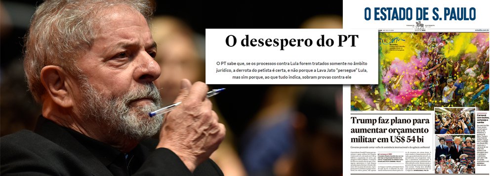Advogados do ex-presidente rebatem editorial publicado nesta terça-feira 28 pelo jornal O Estado de S. Paulo em que diz que a condenação do ex-presidente Lula "é certa"; para a defesa, trata-se de "curandeirismo jurídico", que não apresenta, apesar de dizer que "sobram provas" contra o petista, "qualquer argumento jurídico para sustentar sua posição e a tese que pretende reforçar junto aos leitores. A realidade é bem diversa daquela exposta pelo jornal"; a nota acusa ainda a mídia de "acumpliciamento" com o juiz Sergio Moro, pelo fato de o editorial "confundir a combatividade de nossa atuação" com "tentativas de irritar o magistrado"; jornal da família Mesquita pede a condenação de Lula por medo de que ele vença as próximas eleições presidenciais (Foto: Gisele Federicce) Advogados do ex-presidente rebatem editorial publicado nesta terça-feira 28 pelo jornal O Estado de S. Paulo em que diz que a condenação do ex-presidente Lula "é certa"; para a defesa, trata-se de "curandeirismo jurídico", que não apresenta, apesar de dizer que "sobram provas" contra o petista, "qualquer argumento jurídico para sustentar sua posição e a tese que pretende reforçar junto aos leitores. A realidade é bem diversa daquela exposta pelo jornal"; a nota acusa ainda a mídia de "acumpliciamento" com o juiz Sergio Moro, pelo fato de o editorial "confundir a combatividade de nossa atuação" com "tentativas de irritar o magistrado"; jornal da família Mesquita pede a condenação de Lula por medo de que ele vença as próximas eleições presidenciais
