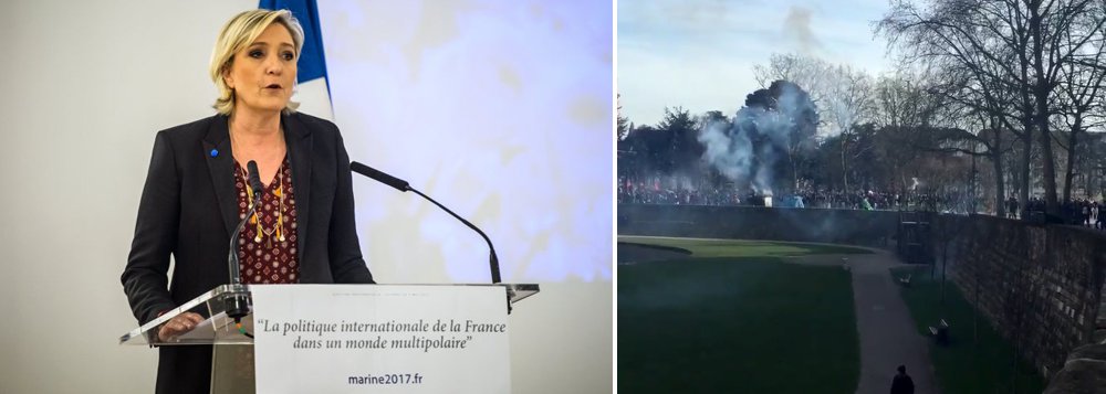 Tropa de choque da polícia francesa usou bombas e gás lacrimogênio para conter o protesto contra discurso líder da extrema-direita Marine Le Pen, neste domingo, 26, em Nantes; manifestantes, muitos com máscaras, lançaram bombas de fumaça e até coquetéis molotov contra policiais durante os protestos; durante os protestos muitos participantes gritavam "Todo o mundo odeia polícia!"; duas pessoas acabaram detidas para identificação e pelo menos um policial foi levado ao hospital com queimadura na perna, informou o jornal regional francês Ouest-France (Foto: Aquiles Lins) Tropa de choque da polícia francesa usou bombas e gás lacrimogênio para conter o protesto contra discurso líder da extrema-direita Marine Le Pen, neste domingo, 26, em Nantes; manifestantes, muitos com máscaras, lançaram bombas de fumaça e até coquetéis molotov contra policiais durante os protestos; durante os protestos muitos participantes gritavam "Todo o mundo odeia polícia!"; duas pessoas acabaram detidas para identificação e pelo menos um policial foi levado ao hospital com queimadura na perna, informou o jornal regional francês Ouest-France