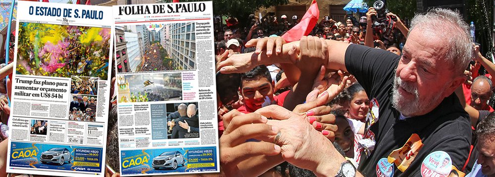 Nesta terça-feira 28, os dois principais jornais de São Paulo, Folha e Estado, concentram suas forças em pressionar o Judiciário para que a condenação do ex-presidente Lula aconteça rapidamente, a tempo de impedir que o petista se candidate à presidência em 2018; reportagem da Folha dá como certa a condenação de Lula pelo juiz Sergio Moro em primeira instância e prevê que a condenação em segunda instância ocorra entre julho e outubro, em plena campanha presidencial; editorial do Estadão afirma que "a derrota do petista é certa" no campo jurídico, uma vez que, segundo o jornal, "sobram provas contra ele"; desespero toma forma poucos dias após pesquisa mostrar Lula liderando a disputa para presidente (Foto: Felipe L. Goncalves) Nesta terça-feira 28, os dois principais jornais de São Paulo, Folha e Estado, concentram suas forças em pressionar o Judiciário para que a condenação do ex-presidente Lula aconteça rapidamente, a tempo de impedir que o petista se candidate à presidência em 2018; reportagem da Folha dá como certa a condenação de Lula pelo juiz Sergio Moro em primeira instância e prevê que a condenação em segunda instância ocorra entre julho e outubro, em plena campanha presidencial; editorial do Estadão afirma que "a derrota do petista é certa" no campo jurídico, uma vez que, segundo o jornal, "sobram provas contra ele"; desespero toma forma poucos dias após pesquisa mostrar Lula liderando a disputa para presidente