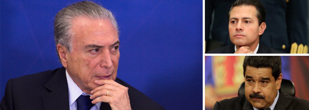 Alçado ao poder por meio de um golpe parlamentar, Michel Temer é reprovado por 59% dos formadores de opinião no Brasil, segundo pesquisa realizada pelo Instituto Ipsos, o terceiro maior do mundo; entre os 11 chefes de estado avaliados em toda a América Latina, Temer ocupou a nona colocação, com 30% – à frente de Peña Nieto, do México (25%), e Nicolás Maduro, da Venezuela (6%); segundo o instituto, apenas 2% aprovam completamente seu governo; 39% aprovam um pouco; 12% desaprovam um pouco o governo Temer, enquanto 47% desaprovam completamente; maior rejeição de Temer no continente ocorre na Argentina, com 72%; Ipsos ouviu 295 pessoas em 14 países da América Latina (Foto: Aquiles Lins) Alçado ao poder por meio de um golpe parlamentar, Michel Temer é reprovado por 59% dos formadores de opinião no Brasil, segundo pesquisa realizada pelo Instituto Ipsos, o terceiro maior do mundo; entre os 11 chefes de estado avaliados em toda a América Latina, Temer ocupou a nona colocação, com 30% – à frente de Peña Nieto, do México (25%), e Nicolás Maduro, da Venezuela (6%); segundo o instituto, apenas 2% aprovam completamente seu governo; 39% aprovam um pouco; 12% desaprovam um pouco o governo Temer, enquanto 47% desaprovam completamente; maior rejeição de Temer no continente ocorre na Argentina, com 72%; Ipsos ouviu 295 pessoas em 14 países da América Latina