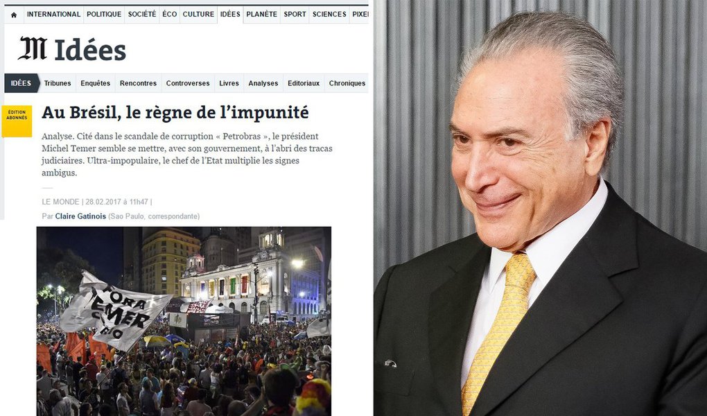 Edição desta terça-feira, 28, do jornal francêsl Le Monde destaca a impunidade que impera no Brasil sob o governo de Michel Temer; jornalista Claire Gatinois critica a blindagem de Temer a ministros envolvidos na operação Lava Jato e diz que o peemedebista "não para de dar sinais ambíguos", como a indicação de Alexandre de Moraes para o STF e a escolha de Osmar Serraglio para o Ministério da Justiça; "Se formos ouvir os mais cínicos, tudo leva a crer que Temer já estaria esquentando a sua pizza quatro queijos", escreve a correspondente do Le Monde (Foto: Aquiles Lins) Edição desta terça-feira, 28, do jornal francêsl Le Monde destaca a impunidade que impera no Brasil sob o governo de Michel Temer; jornalista Claire Gatinois critica a blindagem de Temer a ministros envolvidos na operação Lava Jato e diz que o peemedebista "não para de dar sinais ambíguos", como a indicação de Alexandre de Moraes para o STF e a escolha de Osmar Serraglio para o Ministério da Justiça; "Se formos ouvir os mais cínicos, tudo leva a crer que Temer já estaria esquentando a sua pizza quatro queijos", escreve a correspondente do Le Monde