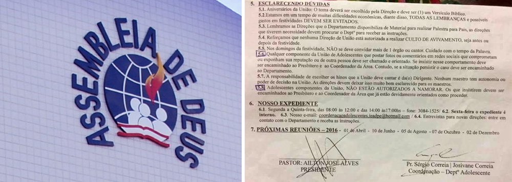 A Igreja Evangélica Assembleia de Deus em Pernambuco divulgou um documento informando que “adolescentes componentes da União, não estão autorizados a namorar. Os que insistirem devem ser encaminhados ao Presbítero e ao Coordenador da área, que já estão devidamente orientados como proceder”, sentencia o texto; segundo a instituição, os pais devem, principalmente em época de festividades, evitar “soltos e, assim, evitar uma gravidez indesejada” (Foto: Leonardo Lucena) A Igreja Evangélica Assembleia de Deus em Pernambuco divulgou um documento informando que “adolescentes componentes da União, não estão autorizados a namorar. Os que insistirem devem ser encaminhados ao Presbítero e ao Coordenador da área, que já estão devidamente orientados como proceder”, sentencia o texto; segundo a instituição, os pais devem, principalmente em época de festividades, evitar “soltos e, assim, evitar uma gravidez indesejada”