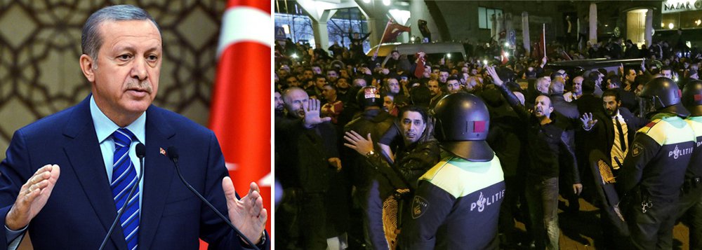 Turquia convocou o enviado da Holanda em Ancara para reclamar das ações da polícia de Roterdã contra manifestantes turcos durante o fim de semana, à medida que aumentam as tensões devido à campanha política de Ancara no exterior; presidente da Turquia, Tayyip Erdogan, disse que a Holanda está agindo como uma "república de banana" e deveria sofrer sanções por barrar ministros turcos de falaram em Roterdã; polícia holandesa usou cães e canhões d'água no domingo para dispersar centenas de manifestantes com bandeiras turcas do lado de fora do consulado do país em Roterdã (Foto: Paulo Emílio) Turquia convocou o enviado da Holanda em Ancara para reclamar das ações da polícia de Roterdã contra manifestantes turcos durante o fim de semana, à medida que aumentam as tensões devido à campanha política de Ancara no exterior; presidente da Turquia, Tayyip Erdogan, disse que a Holanda está agindo como uma "república de banana" e deveria sofrer sanções por barrar ministros turcos de falaram em Roterdã; polícia holandesa usou cães e canhões d'água no domingo para dispersar centenas de manifestantes com bandeiras turcas do lado de fora do consulado do país em Roterdã