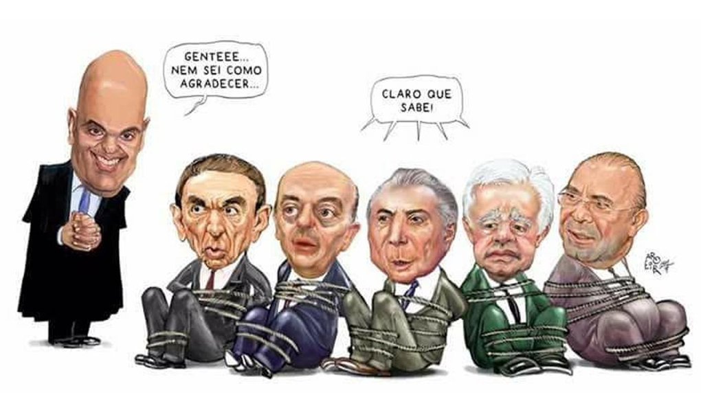 cartunista Aroreira registrou nesta quarta-feira, 22, a situação em torno da aprovação do nome de Alexandre de Moraes na Comissão de Constituição e Justiça do Senado, para integrar o Supremo Tribunal Federal; Moraes ainda terá que ser aprovado pelo plenário do Senado; votação ocrre nesta quarta-feira; a caminho da Suprema Corte pelas mãos de Michel Temer, Moraes disse que manterá "imparcialidade" e que "não deve favor político a ninguém", mas ninguém duvida que, no STF, estará a serviço de "estancar a sangria" da operação Lava Jato e suturá-la, de modo a preservar tucanos e peemedebistas das investigações (Foto: Aquiles Lins) cartunista Aroreira registrou nesta quarta-feira, 22, a situação em torno da aprovação do nome de Alexandre de Moraes na Comissão de Constituição e Justiça do Senado, para integrar o Supremo Tribunal Federal; Moraes ainda terá que ser aprovado pelo plenário do Senado; votação ocrre nesta quarta-feira; a caminho da Suprema Corte pelas mãos de Michel Temer, Moraes disse que manterá "imparcialidade" e que "não deve favor político a ninguém", mas ninguém duvida que, no STF, estará a serviço de "estancar a sangria" da operação Lava Jato e suturá-la, de modo a preservar tucanos e peemedebistas das investigações
