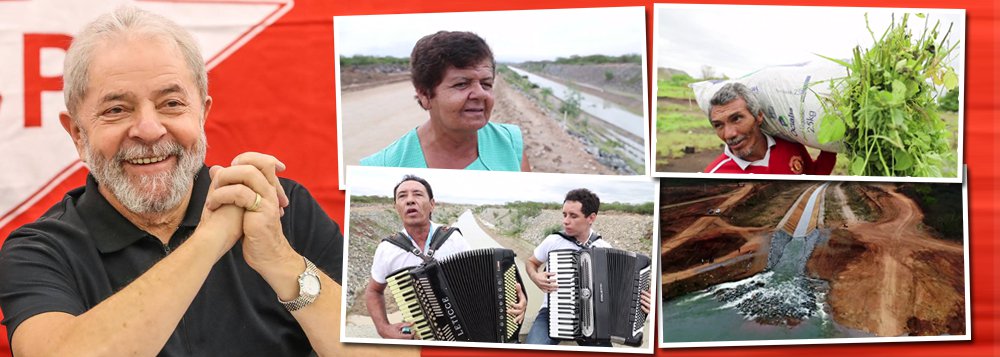"Domingo a gente se vê em Monteiro", postou o ex-presidente no Facebook, com um vídeo em que sertanejos cantam a chegada da água no sertão por meio da Transposição do Rio São Francisco; "Desde pequeno eu ouço falar nessa obra e o pessoal dizia que ela nunca ia passar aqui na Paraíba", diz um morador da região; Lula também lembrou nesta tarde uma declaração sua feita em Indaiatuba (SP) em 2003: "Serei eu, exatamente que nunca assumi o compromisso de fazer essa obra, que vou fazer a transposição das águas para o Nordeste brasileiro"; nos últimos dias, o PSDB de FHC, que prometeu, mas não realizou a obra, e Michel Temer tentaram se apropriar da paternidade da obra; assista (Foto: Ana Pupulin) "Domingo a gente se vê em Monteiro", postou o ex-presidente no Facebook, com um vídeo em que sertanejos cantam a chegada da água no sertão por meio da Transposição do Rio São Francisco; "Desde pequeno eu ouço falar nessa obra e o pessoal dizia que ela nunca ia passar aqui na Paraíba", diz um morador da região; Lula também lembrou nesta tarde uma declaração sua feita em Indaiatuba (SP) em 2003: "Serei eu, exatamente que nunca assumi o compromisso de fazer essa obra, que vou fazer a transposição das águas para o Nordeste brasileiro"; nos últimos dias, o PSDB de FHC, que prometeu, mas não realizou a obra, e Michel Temer tentaram se apropriar da paternidade da obra; assista