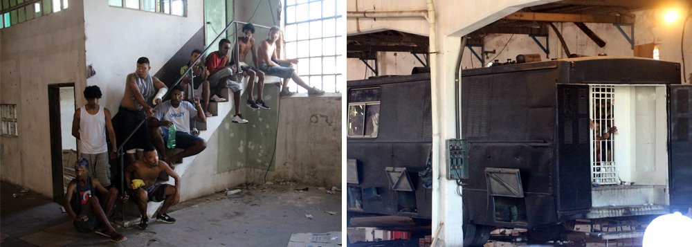 Por falta de espaço nas unidades penitenciárias, um ônibus foi convertido em cadeia no rio Grande do Sul, e também já está superlotado; segundo a seccional gaúcha da Ordem dos Advogados do Brasil, há 20 pessoas no coletivo, apesar de ele ter sido adaptado para receber 12; além dos detidos dentro do veículo, outros nove estão algemados ao corrimão de uma escada; Há uma decisão, proferida pelo juiz da 1ª Vara de Execuções Criminais de Porto Alegre, Paulo Irion, obrigando a gestão do governador Ivo Sartori (PMDB) a transferir os presos para a Penitenciária de Charqueadas, que também estaria superlotada (Foto: Aquiles Lins) Por falta de espaço nas unidades penitenciárias, um ônibus foi convertido em cadeia no rio Grande do Sul, e também já está superlotado; segundo a seccional gaúcha da Ordem dos Advogados do Brasil, há 20 pessoas no coletivo, apesar de ele ter sido adaptado para receber 12; além dos detidos dentro do veículo, outros nove estão algemados ao corrimão de uma escada; Há uma decisão, proferida pelo juiz da 1ª Vara de Execuções Criminais de Porto Alegre, Paulo Irion, obrigando a gestão do governador Ivo Sartori (PMDB) a transferir os presos para a Penitenciária de Charqueadas, que também estaria superlotada