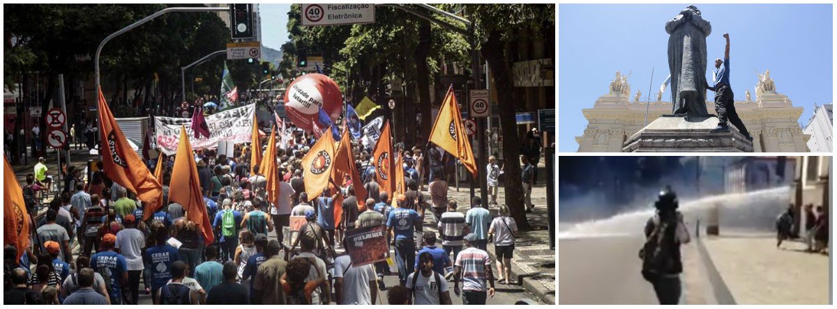 Centro do Rio de Janeiro virou praça de guerra na tarde desta quinta-feira 9, com disparos de bombas e coquetéis molotov; em meio ao caos, Rio poderá viver colapso na segurança, assim como o Espírito Santo; famílias de policiais querem impedir que eles saiam para o trabalho; população também protesta contra a venda da Cedae, imposta por Michel Temer para socorrer o governo de Luiz Fernando Pezão, também do PMDB, que foi cassado ontem pelo TRE; agências bancárias e lojas estão sendo depredadas; assista (Foto: Gisele Federicce) Centro do Rio de Janeiro virou praça de guerra na tarde desta quinta-feira 9, com disparos de bombas e coquetéis molotov; em meio ao caos, Rio poderá viver colapso na segurança, assim como o Espírito Santo; famílias de policiais querem impedir que eles saiam para o trabalho; população também protesta contra a venda da Cedae, imposta por Michel Temer para socorrer o governo de Luiz Fernando Pezão, também do PMDB, que foi cassado ontem pelo TRE; agências bancárias e lojas estão sendo depredadas; assista