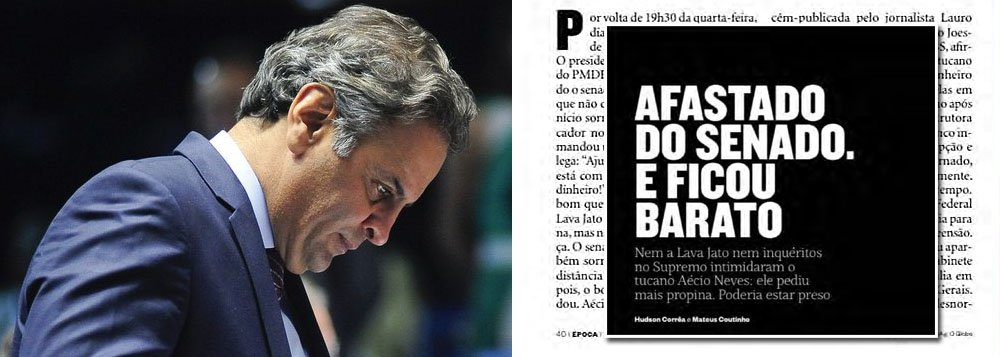 Reportagem deste fim de semana da revista Época destaca que a situação do senador Aécio Neves (PSDB) ainda é confortável depois da gravidade dos crimes por ele cometidos e revelados pelo empresário Joesley Batista, dono da JBS, em acordo de delação premiada; "A operação da semana passada arrasa a carreira de Aécio Neves. A Lava Jato mostrou que o ex-candidato à Presidência pelo PSDB, que tinha a imagem de derrotado por um PT turbinado pelo caixa dois da Odebrecht e outros, é um suspeito de crimes graves, que usava sua posição para atrapalhar investigações capazes de revelar seus crimes. O político de futuro está proibido de ir ao Senado. Por pouco não está preso", diz o texto (Foto: Aquiles Lins) Reportagem deste fim de semana da revista Época destaca que a situação do senador Aécio Neves (PSDB) ainda é confortável depois da gravidade dos crimes por ele cometidos e revelados pelo empresário Joesley Batista, dono da JBS, em acordo de delação premiada; "A operação da semana passada arrasa a carreira de Aécio Neves. A Lava Jato mostrou que o ex-candidato à Presidência pelo PSDB, que tinha a imagem de derrotado por um PT turbinado pelo caixa dois da Odebrecht e outros, é um suspeito de crimes graves, que usava sua posição para atrapalhar investigações capazes de revelar seus crimes. O político de futuro está proibido de ir ao Senado. Por pouco não está preso", diz o texto