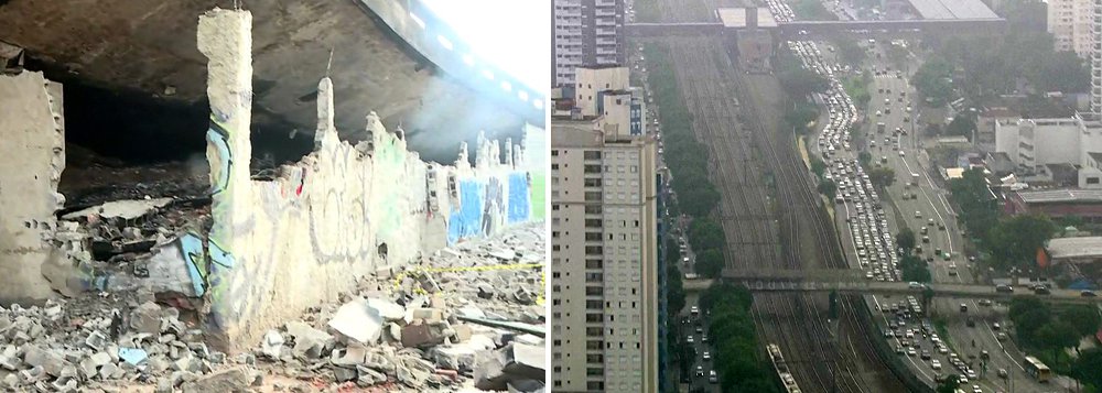 Um incêndio provoca interdição no viaduto do Glicério, conhecido por ligação leste-oeste, prejudicando o trânsito nesta manhã (7) na capital paulista; equipes da Defesa Civil e engenheiros da prefeitura estão no local, avaliando os danos à estrutura; não há previsão de liberação da via (Foto: Aquiles Lins) Um incêndio provoca interdição no viaduto do Glicério, conhecido por ligação leste-oeste, prejudicando o trânsito nesta manhã (7) na capital paulista; equipes da Defesa Civil e engenheiros da prefeitura estão no local, avaliando os danos à estrutura; não há previsão de liberação da via