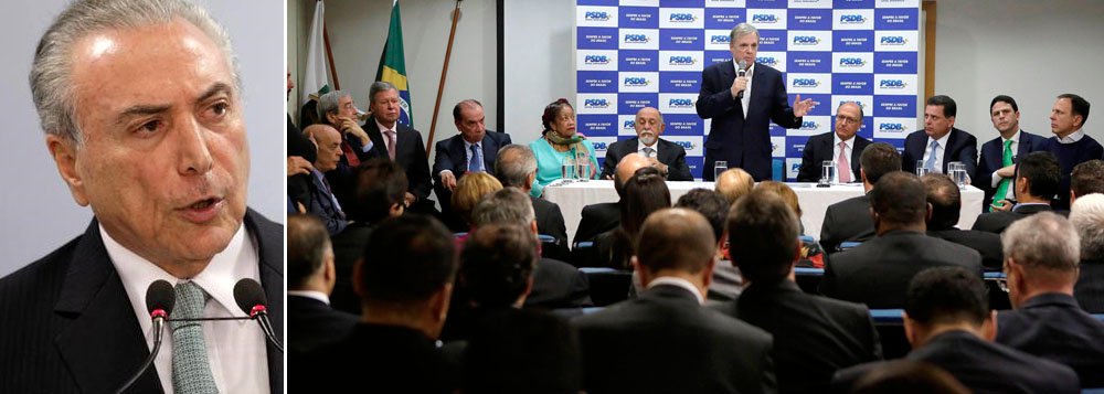 O PSDB segue dentro do barco de Michel Temer e afundará junto com ele; foi o que deixou claro o Instituto Teotônio Vilela, braço tucano de formação política, em carta divulgada nessa terça-feira, 27, depois que Temer tentou se defender da acusação de corrupção passiva feita pela PGR; "Pode, sim, haver corrupção, mas o que a Procuradoria-Geral da República (PGR) apresentou ontem seguramente não contém provas necessárias e suficientes para a condenação de um presidente da República", diz a nota; para o instituto presidido pelo ex-senador José Aníbal (PSDB-SP), seria ruim ao País o cenário de Temer ser afastado, o presidente da Câmara assumir, um mandatário ser eleito por via indireta e outro por via direta nas eleições de outubro de 2018; "O que temos a ganhar entrando nessa roda-viva?" (Foto: Giuliana Miranda) O PSDB segue dentro do barco de Michel Temer e afundará junto com ele; foi o que deixou claro o Instituto Teotônio Vilela, braço tucano de formação política, em carta divulgada nessa terça-feira, 27, depois que Temer tentou se defender da acusação de corrupção passiva feita pela PGR; "Pode, sim, haver corrupção, mas o que a Procuradoria-Geral da República (PGR) apresentou ontem seguramente não contém provas necessárias e suficientes para a condenação de um presidente da República", diz a nota; para o instituto presidido pelo ex-senador José Aníbal (PSDB-SP), seria ruim ao País o cenário de Temer ser afastado, o presidente da Câmara assumir, um mandatário ser eleito por via indireta e outro por via direta nas eleições de outubro de 2018; "O que temos a ganhar entrando nessa roda-viva?"