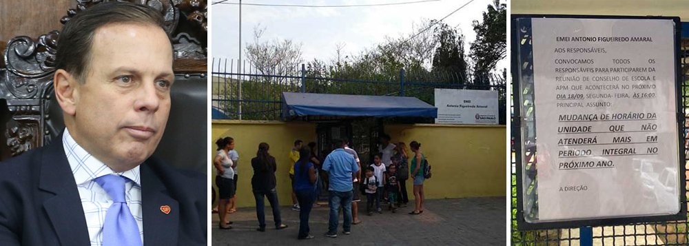 A gestão do prefeito da capital paulista, João Doria (PSDB), decidiu encerrar o atendimento em período integral de três escolas de ensino infantil – crianças de 4 e 5 anos – na Diretoria Regional de Ensino (DRE) do Ipiranga, sem qualquer diálogo com as famílias que hoje são atendidas; em 2018, as crianças passarão a frequentar as aulas somente no período da manhã ou da tarde e muitos pais reclamam de não ter com quem deixar os filhos durante o período em que deixarão de ser atendidos pela rede municipal; a medida contradiz o discurso de Doria na campanha, quando prometeu expandir o ensino integral (Foto: Charles Nisz) A gestão do prefeito da capital paulista, João Doria (PSDB), decidiu encerrar o atendimento em período integral de três escolas de ensino infantil – crianças de 4 e 5 anos – na Diretoria Regional de Ensino (DRE) do Ipiranga, sem qualquer diálogo com as famílias que hoje são atendidas; em 2018, as crianças passarão a frequentar as aulas somente no período da manhã ou da tarde e muitos pais reclamam de não ter com quem deixar os filhos durante o período em que deixarão de ser atendidos pela rede municipal; a medida contradiz o discurso de Doria na campanha, quando prometeu expandir o ensino integral