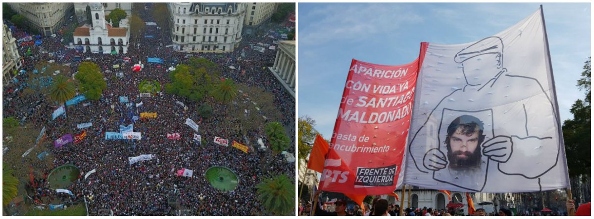 Milhares de argentinos saíram às ruas nesta sexta-feira (1º) em protesto contra o desaparecimento de Santiago Maldonado, visto pela última vez há um mês quando participava de uma manifestação indígena reprimida pela polícia na cidade de Esquel, sul da Argentina; organismos de direitos humanos cobram que o governo encontre os responsáveis pelo desaparecimento do jovem; o presidente Mauricio Macri diz respeitar a investigação, mantida em sigilo (Foto: Charles Nisz) Milhares de argentinos saíram às ruas nesta sexta-feira (1º) em protesto contra o desaparecimento de Santiago Maldonado, visto pela última vez há um mês quando participava de uma manifestação indígena reprimida pela polícia na cidade de Esquel, sul da Argentina; organismos de direitos humanos cobram que o governo encontre os responsáveis pelo desaparecimento do jovem; o presidente Mauricio Macri diz respeitar a investigação, mantida em sigilo