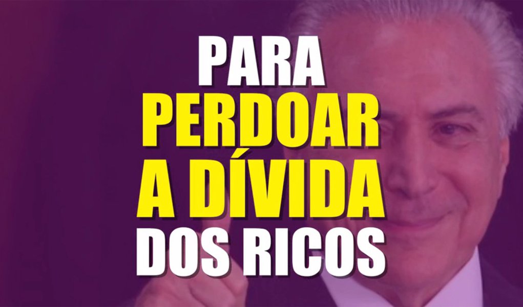 Publicado nas redes sociais, um vídeo produzido pelo mandato da deputada Benedita da Silva (PT-RJ) mostra como o perdão das dívidas de empresas e igrejas proposto pelo governo Temer vai favorecer aos mais ricos em detrimento do segmento mais pobre da população brasileira; o vídeo explica que o perdão dos juros dessas dívidas chega a 99%, uma taxa que jamais seria obtida caso um cidadão comum tentasse renegociar seus débitos; a medida é polêmica, pois acontece num momento onde o governo corta gastos em Saúde e Educação em nome da austeridade fiscal (Foto: Charles Nisz) Publicado nas redes sociais, um vídeo produzido pelo mandato da deputada Benedita da Silva (PT-RJ) mostra como o perdão das dívidas de empresas e igrejas proposto pelo governo Temer vai favorecer aos mais ricos em detrimento do segmento mais pobre da população brasileira; o vídeo explica que o perdão dos juros dessas dívidas chega a 99%, uma taxa que jamais seria obtida caso um cidadão comum tentasse renegociar seus débitos; a medida é polêmica, pois acontece num momento onde o governo corta gastos em Saúde e Educação em nome da austeridade fiscal