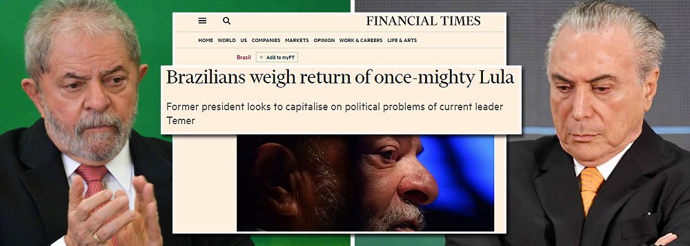 Jornal britânico Financial Times destaca, nesta quinta-feira (20), que a possibilidade de Lula voltar a disputar a Presidência da República em 2018 é "mais uma dor de cabeça para Michel Temer", que tem enfrentado dificuldades junto à sua base para aprovar a reforma da Previdência, além de vários ministros, e ele próprio, terem sido citados em delações premiadas como beneficiários de propinas; em seus discursos como candidato, Lula "promove seus oito anos no poder, entre 2003 e 2010, quando a economia do Brasil tinha um dos crescimentos mais rápidos do mundo, e ataca o atual governo conservador do presidente Michel Temer" (Foto: Paulo Emílio) Jornal britânico Financial Times destaca, nesta quinta-feira (20), que a possibilidade de Lula voltar a disputar a Presidência da República em 2018 é "mais uma dor de cabeça para Michel Temer", que tem enfrentado dificuldades junto à sua base para aprovar a reforma da Previdência, além de vários ministros, e ele próprio, terem sido citados em delações premiadas como beneficiários de propinas; em seus discursos como candidato, Lula "promove seus oito anos no poder, entre 2003 e 2010, quando a economia do Brasil tinha um dos crescimentos mais rápidos do mundo, e ataca o atual governo conservador do presidente Michel Temer"