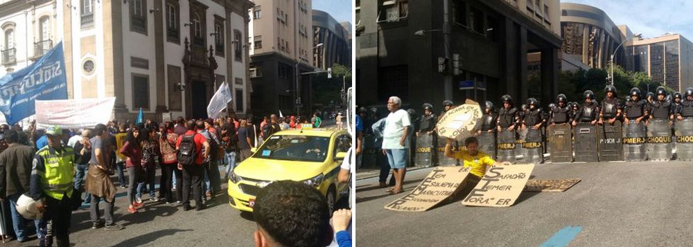 Servidores fazem protesto em frente à Assembleia Legislativa (Alerj) no dia em que o pacote de austeridade de autoria do governo do Rio de Janeiro volta à pauta; o governador Luiz Fernando Pezão (PMDB) já havia apresentado o projeto em 2016, com a justificativa de tentar conter a crise do estado, prevendo o aumento da contribuição previdenciária de 11% para 14%; os manifestantes bloquearam a Rua 1º de Março, em frente à Alerj, impedindo a circulação de veículos; a região está fortemente policiada (Foto: Leonardo Lucena) Servidores fazem protesto em frente à Assembleia Legislativa (Alerj) no dia em que o pacote de austeridade de autoria do governo do Rio de Janeiro volta à pauta; o governador Luiz Fernando Pezão (PMDB) já havia apresentado o projeto em 2016, com a justificativa de tentar conter a crise do estado, prevendo o aumento da contribuição previdenciária de 11% para 14%; os manifestantes bloquearam a Rua 1º de Março, em frente à Alerj, impedindo a circulação de veículos; a região está fortemente policiada
