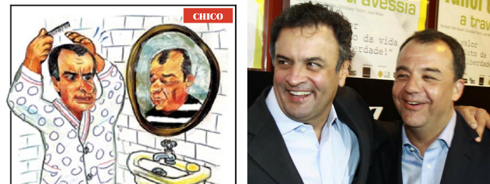 O cartunista Chico Caruso publicou nesta segunda, na capa do jornal O Globo, uma charge em que mostra o senador afastado Aécio Neves (PSDB-MG) se olhando no espelho e vendo o retrato do ex-governador do Rio Sérgio Cabral, hoje na cadeia após diversas denúncias de corrupção (Foto: Giuliana Miranda) O cartunista Chico Caruso publicou nesta segunda, na capa do jornal O Globo, uma charge em que mostra o senador afastado Aécio Neves (PSDB-MG) se olhando no espelho e vendo o retrato do ex-governador do Rio Sérgio Cabral, hoje na cadeia após diversas denúncias de corrupção