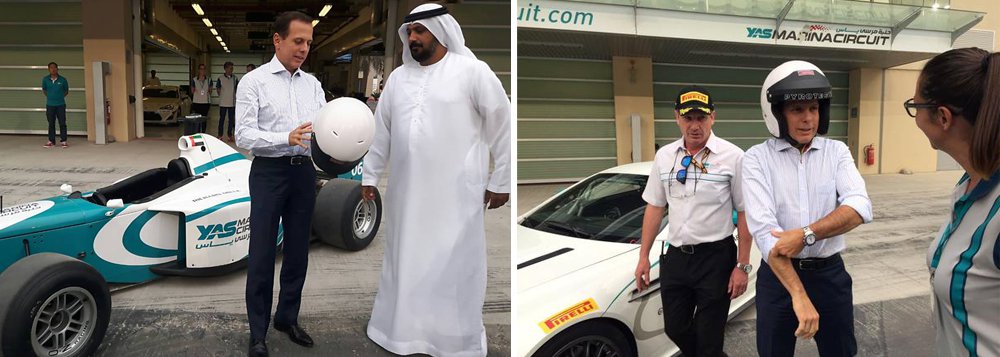 Num tour pelos Emirados Árabes, o prefeito João Doria disse que o autódromo de Abu Dhabi, subsidiado por petrodólares, pode ser modelo para Interlagos; de quebra, ele aproveitou para brincar de piloto de corridas, enquanto prometia trazer dinheiro árabe para a capital paulista (Foto: Leonardo Attuch) Num tour pelos Emirados Árabes, o prefeito João Doria disse que o autódromo de Abu Dhabi, subsidiado por petrodólares, pode ser modelo para Interlagos; de quebra, ele aproveitou para brincar de piloto de corridas, enquanto prometia trazer dinheiro árabe para a capital paulista