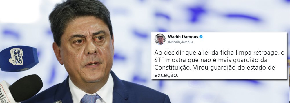 O deputado federal Wadih Damous (PT-RJ) comentou no Twitter a decisão do STF em fazer retroagir a lei da Ficha Limpa; para o parlamentar, ex-presidente da OAB-RJ, "Ao decidir que a lei da ficha limpa retroage, o STF mostra que não é mais guardião da Constituição. Virou guardião do estado de exceção" (Foto: Charles Nisz) O deputado federal Wadih Damous (PT-RJ) comentou no Twitter a decisão do STF em fazer retroagir a lei da Ficha Limpa; para o parlamentar, ex-presidente da OAB-RJ, "Ao decidir que a lei da ficha limpa retroage, o STF mostra que não é mais guardião da Constituição. Virou guardião do estado de exceção"